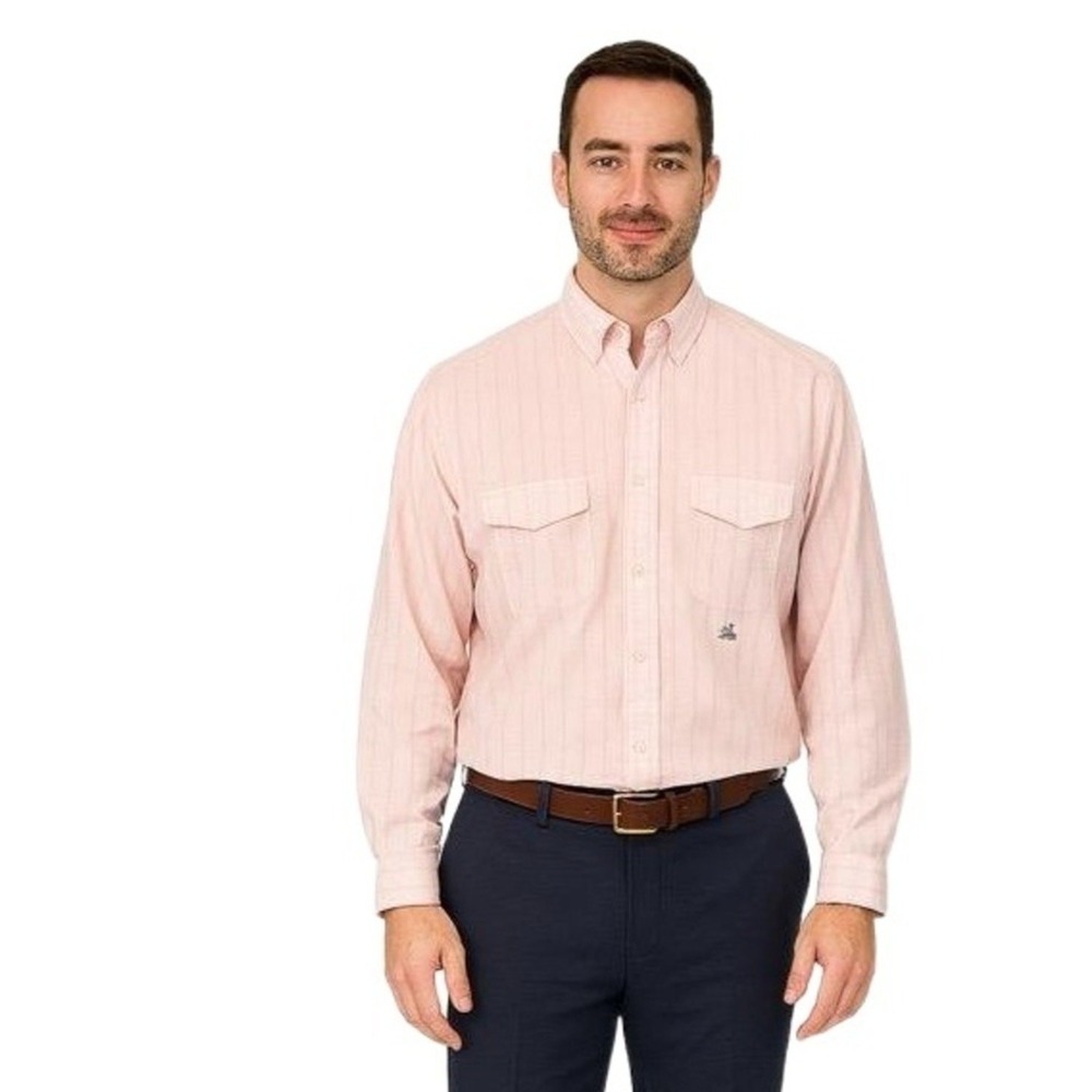 Tarazzia Shirt Mens Small Pink Stripes Long Sleeve Two Chest Pockets Vintage